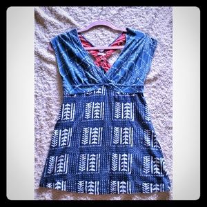 Natural/Leaf Print Eoote Blue Sleeveless Blouse